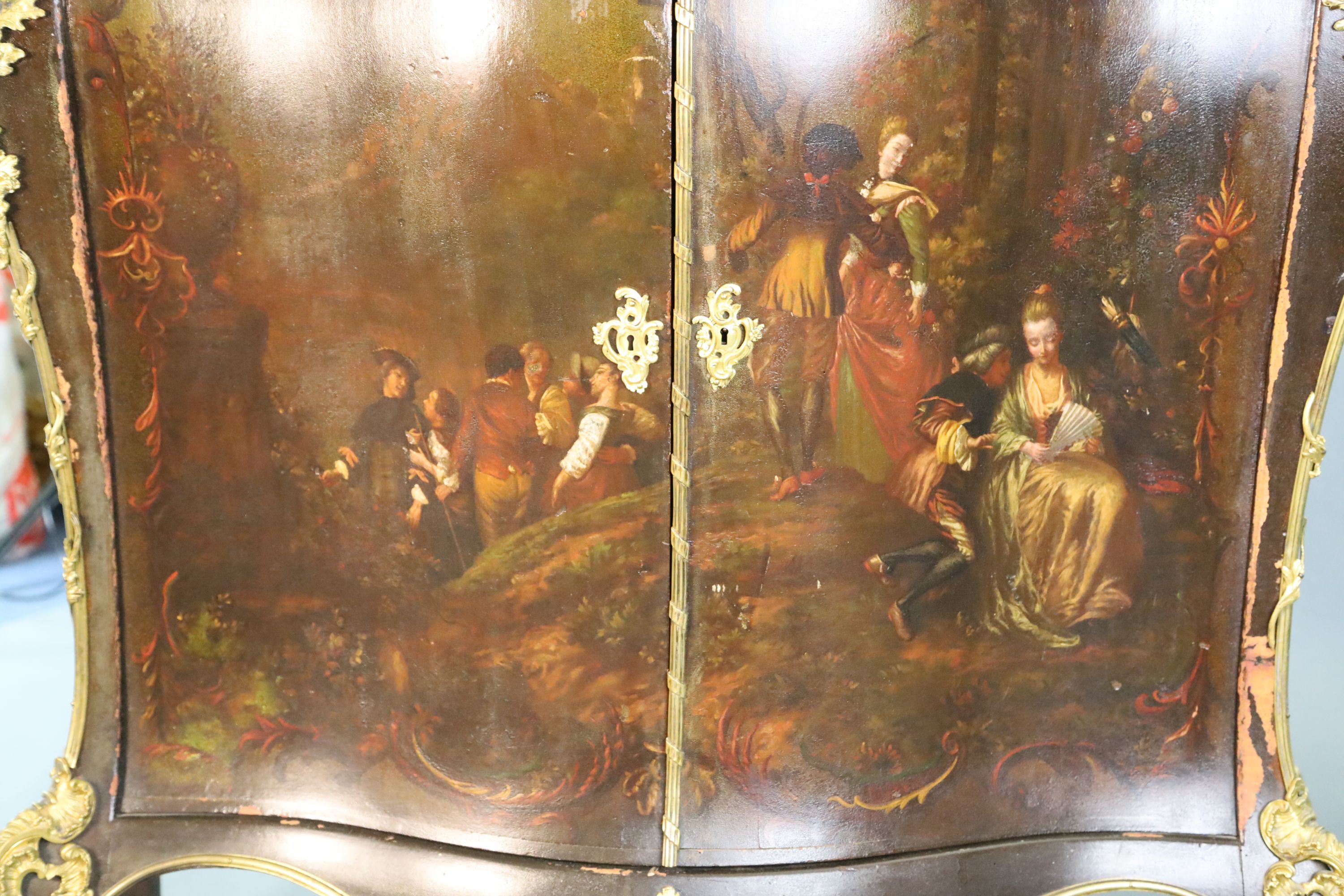 A late 19th century Louis XVI style serpentine bombe commode, W.4ft D.1ft 8in. H.4ft 3in.